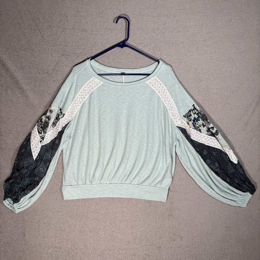 Free People Size M Casual Clash Top Thermal Knit Mutli Media Lace Seafoam Mint - Picture 2 of 13